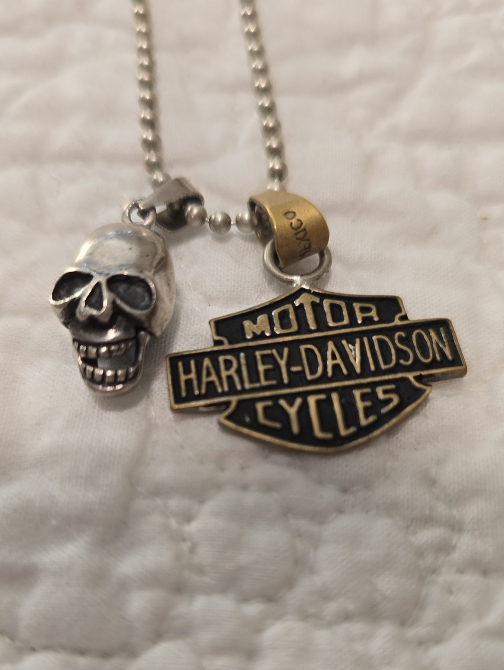 Harley-Davidson Black and Gold Bar & Shield Pendant with Skull Charm